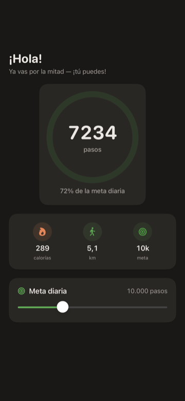 Contador de pasos para iPhone — anillo circular con el conteo de hoy, la distancia y el progreso de la meta