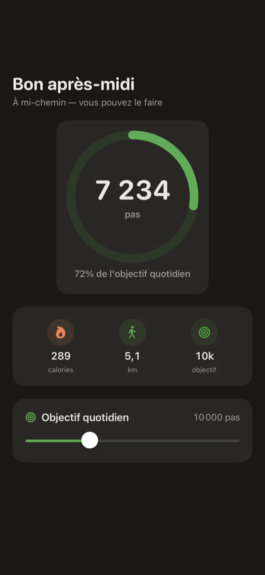 Podomètre SimpleSteps pour iPhone — écran Aujourd'hui avec l'anneau de pas, le compteur et la distance parcourue