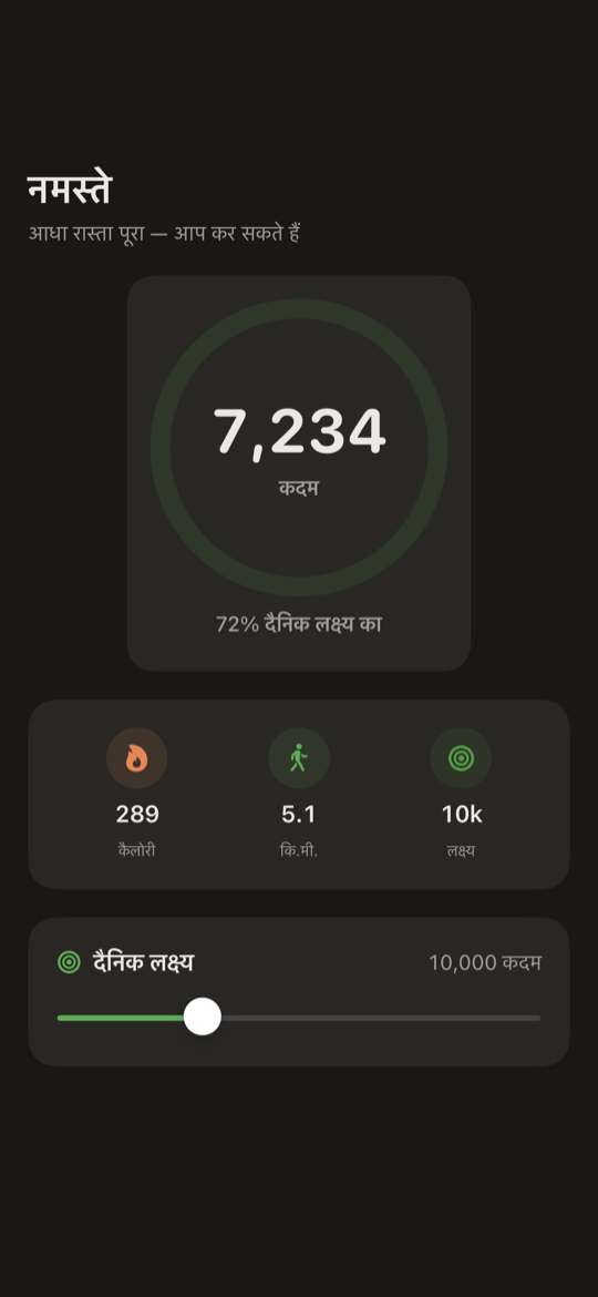 iPhone के लिए SimpleSteps पेडोमीटर — क़दम रिंग, क़दम गिनती और चली गई दूरी दिखाती आज की स्क्रीन