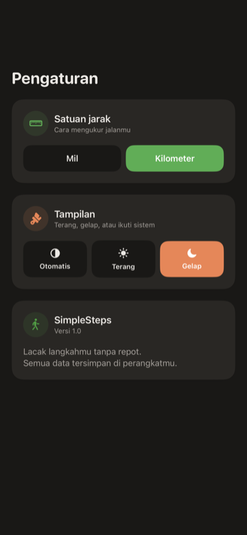 Layar Pengaturan SimpleSteps dengan satuan jarak, tampilan, dan target langkah