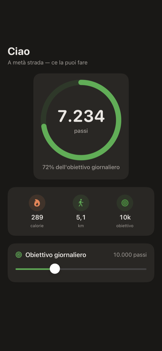 Contapassi SimpleSteps per iPhone — schermata Oggi con l'anello dei passi, il conteggio e la distanza percorsa