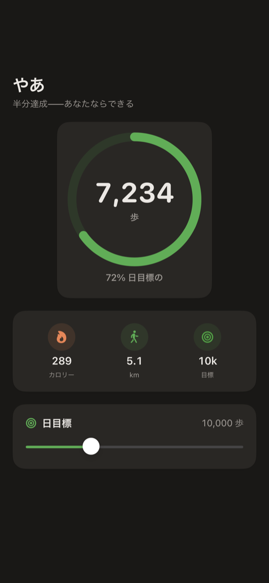 iPhone 用 SimpleSteps 歩数計 — 歩数リング、歩数、歩いた距離が表示された「今日」画面