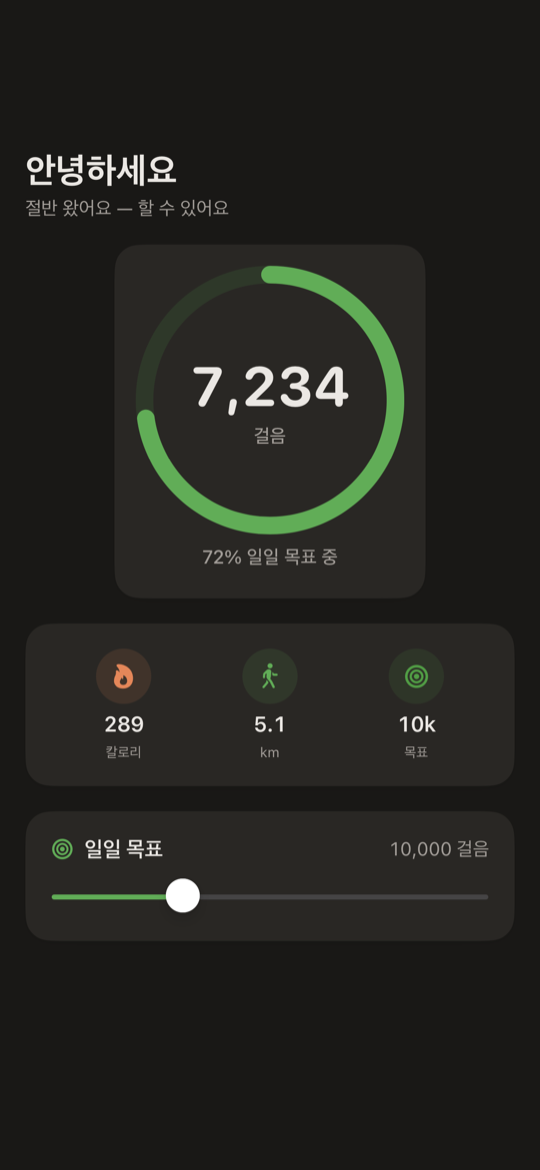 아이폰용 SimpleSteps 만보기 — 걸음 링, 걸음 수, 걸은 거리가 표시된 '오늘' 화면