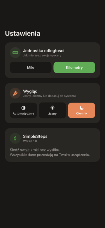 Ekran Ustawień SimpleSteps z jednostką odległości, wyglądem i celem kroków
