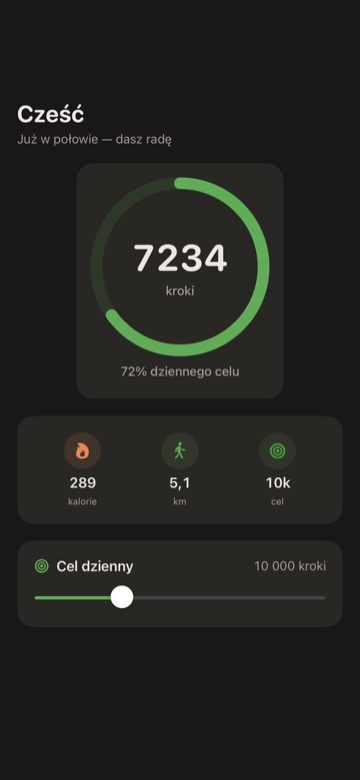 Licznik kroków dla iPhone'a — okrągły pierścień z dzisiejszą liczbą, dystansem i postępem celu