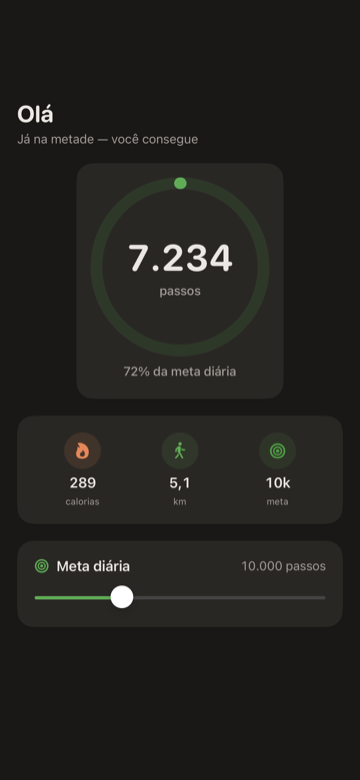 Contador de passos para iPhone — anel circular com a contagem de hoje, distância e progresso da meta