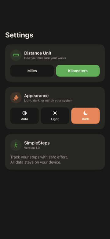 SimpleSteps Settings screen with distance unit, appearance, and step goal