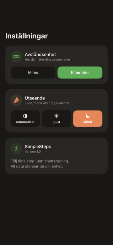 SimpleSteps Inställningar — avståndsenhet, utseende och stegmål