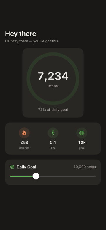 iPhone step counter — circular step ring with today's count, distance, and goal progress
