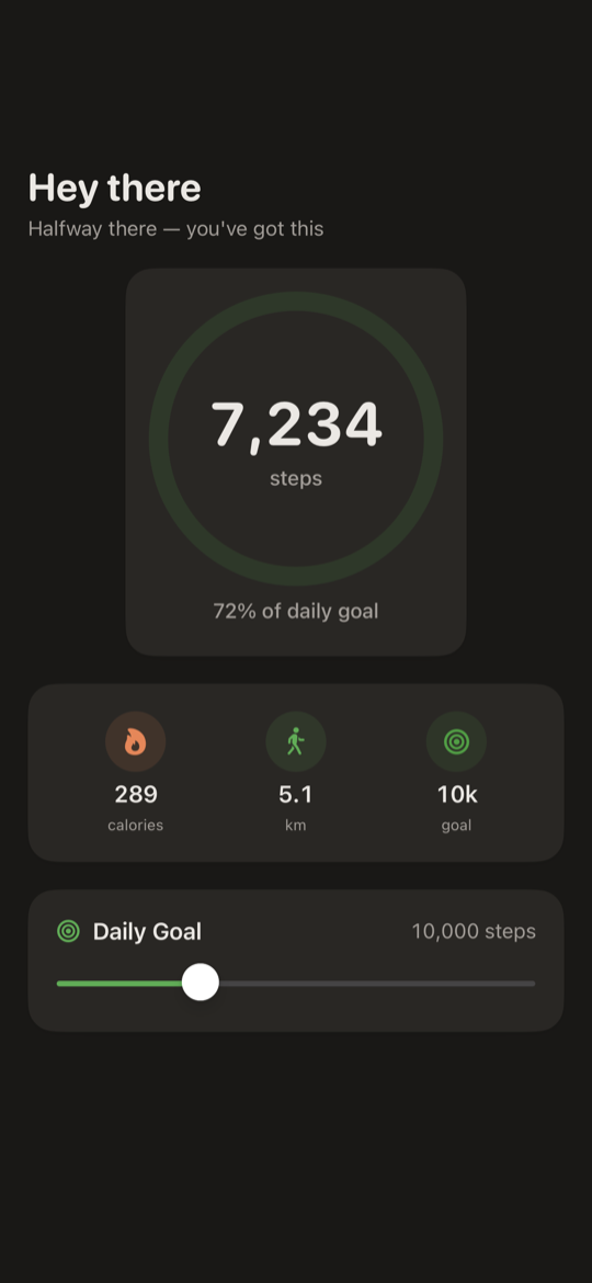 SimpleSteps pedometer for iPhone — Today screen showing the step ring, step count, and distance walked