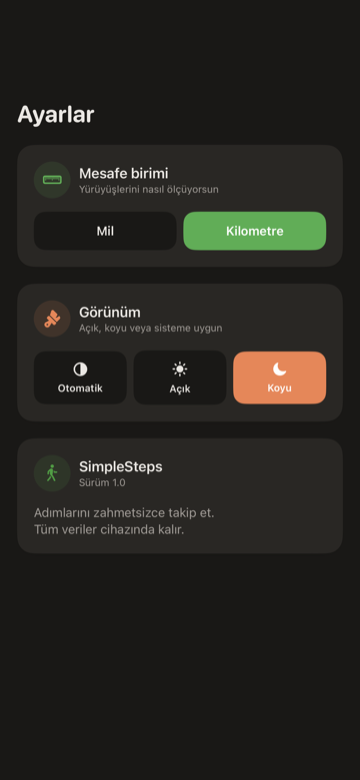SimpleSteps Ayarlar ekranı — mesafe birimi, görünüm ve adım hedefi
