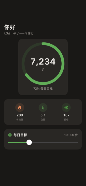 iPhone 步数计数器 — 显示今日步数、距离与目标进度的圆形步数环